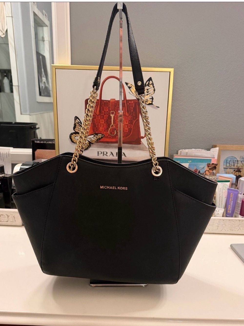 Michael Kors Black Leather Shoulder Tote with Gold Chain Straps